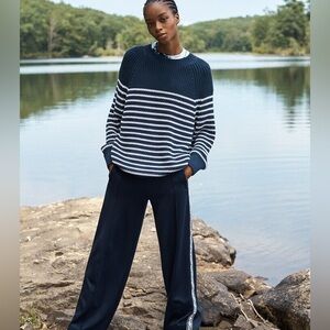 Tory Burch Sport Navy and White Striped Knit Sweater. L